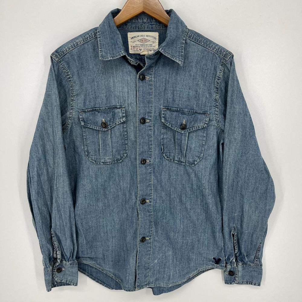 American Eagle Outfitters Mens Denim Button Down Shirt Blue Classic Fit Medium